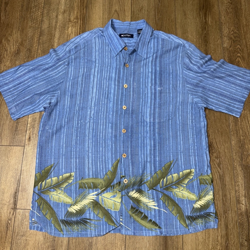 Puritan Men's Hawaiian themed shirt large blue strip palm leaves short sleeve‎